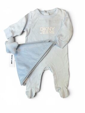 DKNY Baby Blue Footed One-Piece with Plush Lovey Blanket